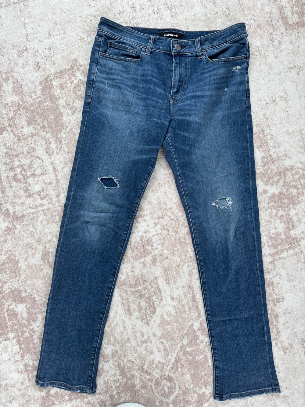 Express Skinny Jeans in Medium Dark Blue with Distressed Knees 32x34